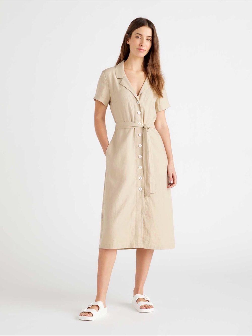 Quince 100% European Linen Button Front Midi Dress Driftwood XL
